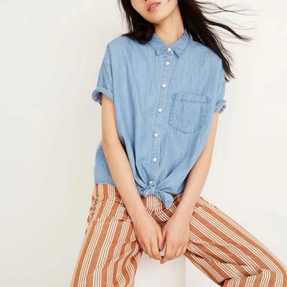 Madewell Denim Short-Sleeve Tie-Front Shirt in Hillford Wash Blue Sz S oversized - Picture 2 of 14